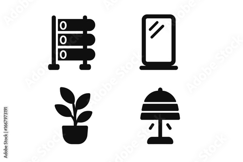 Yoga studio solid icons set. Fitness and meditation equipment glyphs. Vector pictograms of mat rack, floor mirror, indoor plant, and calming lamp for wellness concepts.