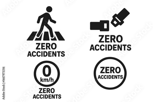 Zero accidents icon set. Road safety campaign concept. Vector pictograms for transport safety: pedestrian crosswalk, fasten seatbelt, speed limit. Safe driving illustration.