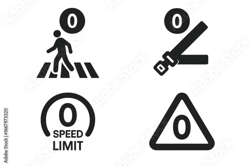 Zero accidents icon set. Road traffic safety concept. Pedestrian crosswalk, fasten seatbelt, speed limit and warning sign. Prevention campaign vector glyph pictograms collection.