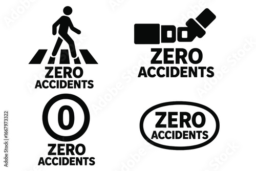Zero accidents vector icon set. Road safety concept. Pedestrian on crosswalk, fasten seatbelt sign. Traffic safety and accident prevention symbol collection for awareness.