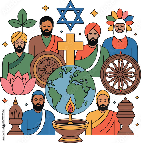 Diverse Religious Symbols and Figures Representing Global Faiths and Unity