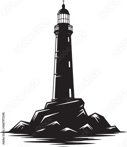 Black silhouette of a lighthouse standing on a rocky outcrop isolated on white background