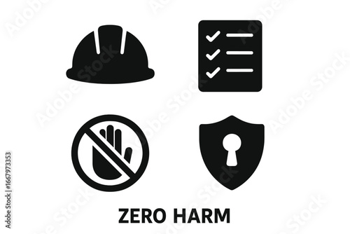Zero harm solid icon set. Workplace health and safety glyphs. Hard hat, checklist, stop hand, and shield symbols. Concept of accident prevention, OHS, and security.