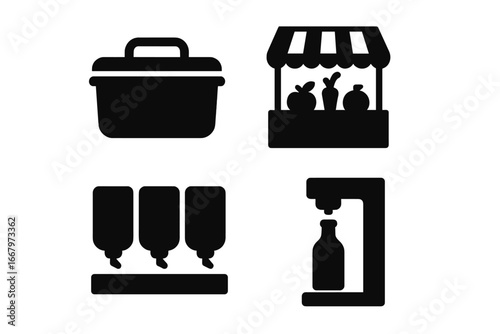 Zero waste lifestyle icons. Solid glyph icon set of sustainable shopping, reusable container, farmers market, bulk bins, and refill station. Eco friendly vector symbols.