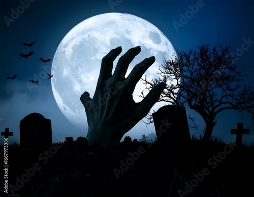 Zombie hand emerging from graveyard under full moon with bats flying.
