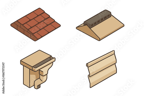 Roofing Icon Set Isometric Flat Design with Asphalt Shingle Roof, Roof Ridge Vent, Gutter Downspout, and Vinyl Siding Panel Vector Cartoon Illustration for Construction and Home Improvement