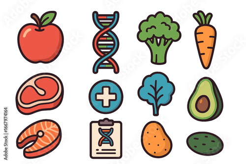 Nutrigenomics vector icon set. Concept of food, health, and genetics. DNA, nutrition, diet icons. Personalized medicine, healthy eating, lifestyle, and food test symbols.