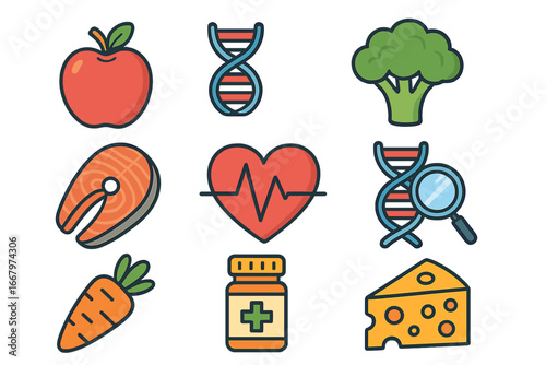 Nutrigenomics concept illustration. Personalized nutrition icons for diet and genetic health. DNA analysis, healthy food, heart, supplements. Vector flat cartoon icon collection.