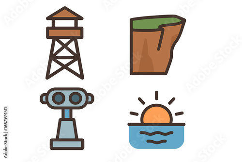 Scenic Viewpoints Icons Set – Flat Design of Scenic Lookout Tower, Cliff Edge, Vista Binoculars, and Sunset Over Water – Vector Cartoon Illustration for Travel and Nature Exploration