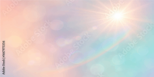 An abstract, colorful background with bokeh and bright, sunlit blue and gold rays bursting through the clouds