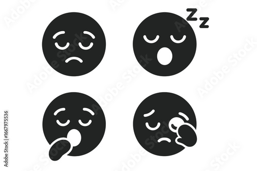 Sleepy face icons set, solid filled vector emoji collection with droopy eyes, yawning, snoring, rubbing eyes, tired expressions, cartoon sleepy emotions, fatigue symbols
