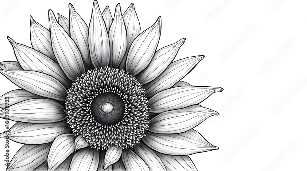 Fototapeta premium Drawing of Single Flower with Detailed Petals in Black and White