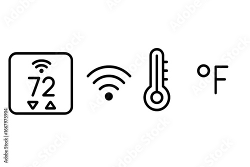 Smart Thermostat Icons Set, Outline Vector Illustration of Smart Thermostat Display Showing 72°F, Wi-Fi Signal, Temperature Gauge, Home Automation Controls, Modern Technology Symbols