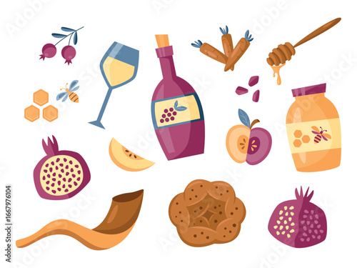 Minimalist vector design featuring Rosh Hashanah icons – pomegranate, apple, honey dipper, shofar, carrot and festive wine glass. Joyful holiday illustration with clean lines