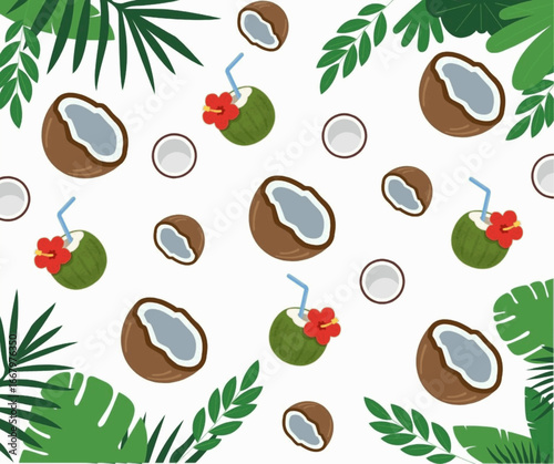 World Coconut Day Seamless pattern coconut half with tropical green leaves and flowers Vector illustration isolated on white background. Suitable for printable, post, banner, business ads, wall art