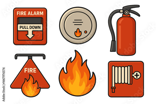 Fire safety icon set with extinguisher, alarm, smoke detector, flame, and fire hose reel. Emergency protection and prevention equipment. Vector cartoon illustration collection.