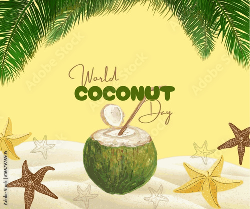 World Coconut Day Vector Illustration on September 2nd featuring refreshing coconut drink, Tropical Leaves with cheerful vibes and tropical Beach Background with star fish in Flat Style Cartoon Design