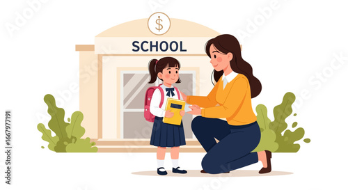 Adobe illustrator artwork vector illustration of a mother giving emotional support to her daughter on the first day of school