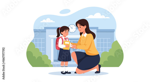 Adobe illustrator artwork vector illustration of a mother giving emotional support to her daughter on the first day of school
