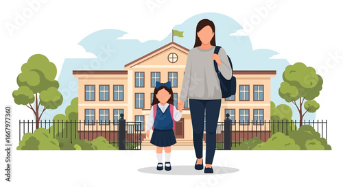 Adobe illustrator artwork vector illustration of a mother in a red suit holding hands with her daughter in a blue dress and yellow backpack, walking together