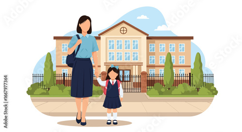 Adobe illustrator artwork vector illustration of a mother in a red suit holding hands with her daughter in a blue dress and yellow backpack, walking together