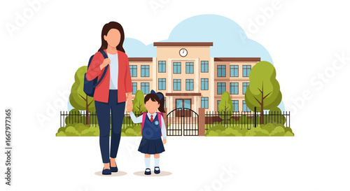 Adobe illustrator artwork vector illustration of a mother in a red suit holding hands with her daughter in a blue dress and yellow backpack, walking together