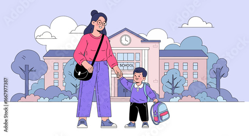 Adobe illustrator artwork vector illustration of a mother in a red suit holding hands with her daughter in a blue dress and yellow backpack, walking together