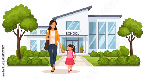 Adobe illustrator artwork vector illustration of a mother in a red suit holding hands with her daughter in a blue dress and yellow backpack, walking together