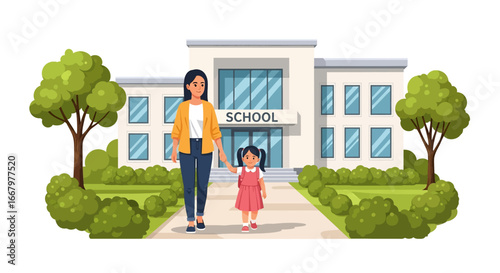 Adobe illustrator artwork vector illustration of a mother in a red suit holding hands with her daughter in a blue dress and yellow backpack, walking together