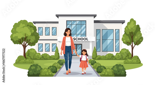 Adobe illustrator artwork vector illustration of a mother in a red suit holding hands with her daughter in a blue dress and yellow backpack, walking together