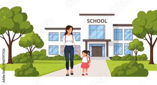 Adobe illustrator artwork vector illustration of a mother in a red suit holding hands with her daughter in a blue dress and yellow backpack, walking together