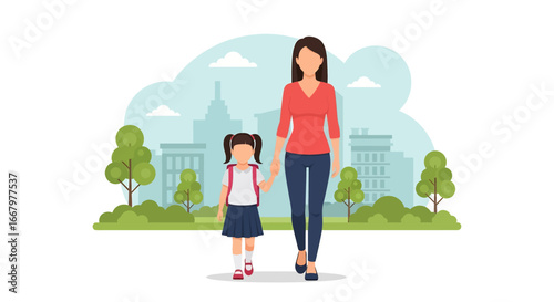 Adobe illustrator artwork vector illustration of a mother in a red suit holding hands with her daughter in a blue dress and yellow backpack, walking together