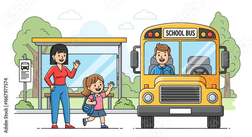 Adobe illustrator artwork vector illustration of a mother waving goodbye to her daughter who is about to board a bright yellow school bus at the bus stop