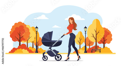Adobe illustrator artwork vector illustration of a stylish woman in a gray dress and high boots pushing a baby stroller through an autumn park with colorful trees