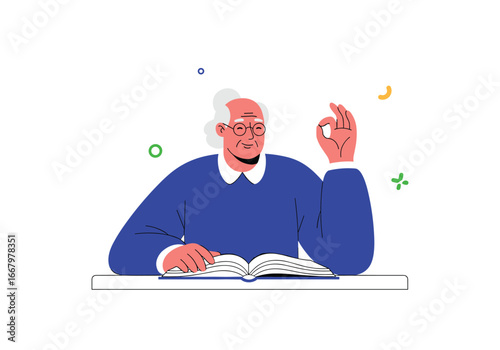 An elderly gentleman engaged in study demonstrating satisfaction with his learning progress