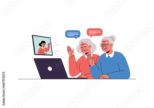 Two older women and a younger woman are communicating on a laptop