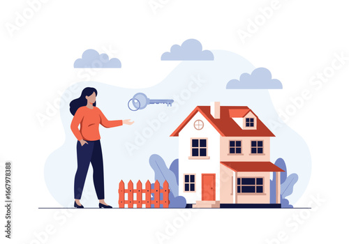 Woman handing over house key to new homeowner standing outside front door
