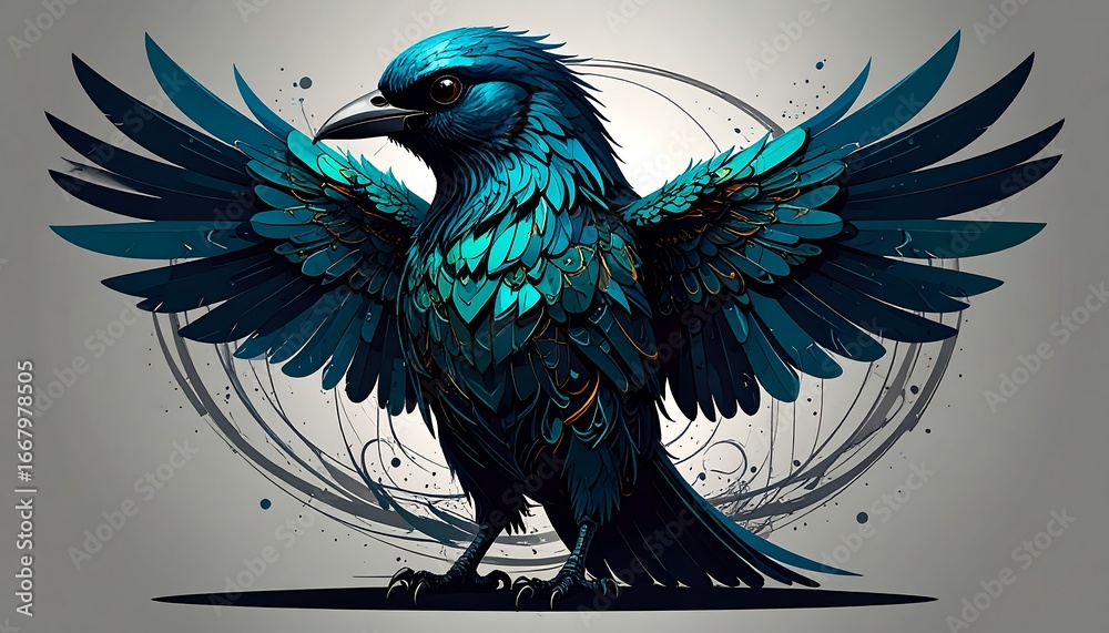 Obraz premium Teal Bird, Wings Spread, Artistic Rendering