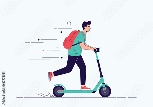 Man rides an electric scooter with a backpack through the city streets