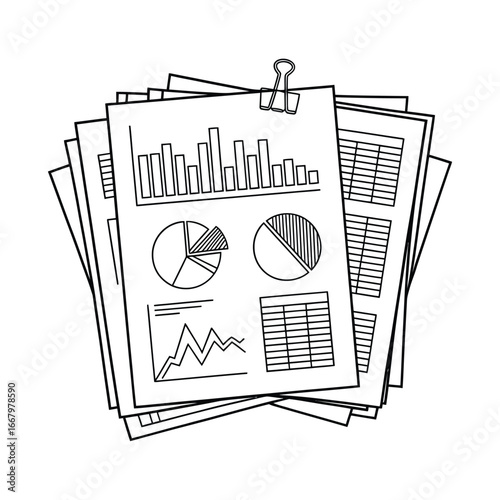 Hand drawn sketch of financial reports and charts on paper with a clip