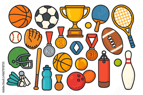 Colorful Sporting Equipment and Medals Layout with Various Sports Items Including Balls, Rackets, Helmet, Gloves, and Trophies on White Background, Vector Cartoon Illustration