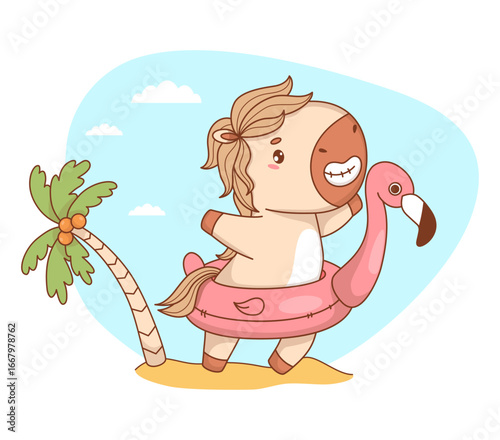 Cute Joyful summer Horse with inflatable pink flamingo. Funny Pony Animal kawaii Beachgoer On sandy seashore with palm tree. Vector illustration. Kids collection. Not AI