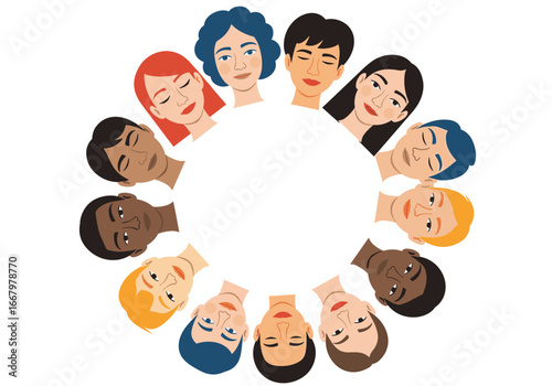 A diverse circle of happy people united in harmony and understanding together