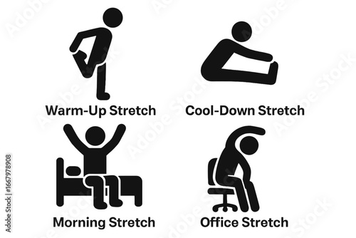 Stretching Icon Grid Solid Filled Vector Set of Warm-Up Stretch, Cool-Down Stretch, Morning Stretch, Office Stretch Routine Cartoon Illustration for Fitness and Wellness