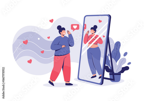 Woman embraces her beauty and confidence looking in the mirror with joyful expression and hearts floating around