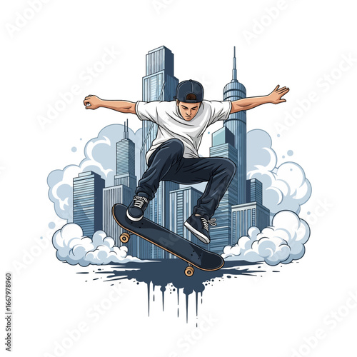 Vector art of a skateboarder performing a jump in front of tall city skyscrapers with clouds and graffiti elements, symbolizing urban sport, energy, adventure, and modern youth culture