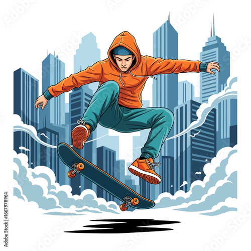 Vector art of a skateboarder performing a jump in front of tall city skyscrapers with clouds and graffiti elements, symbolizing urban sport, energy, adventure, and modern youth culture