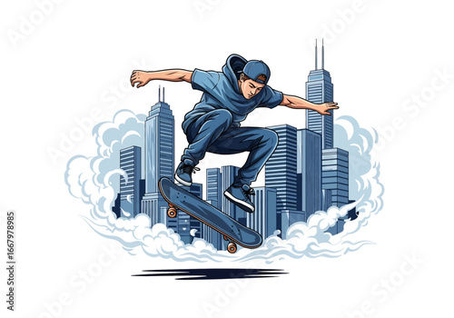 Vector art of a skateboarder performing a jump in front of tall city skyscrapers with clouds and graffiti elements, symbolizing urban sport, energy, adventure, and modern youth culture