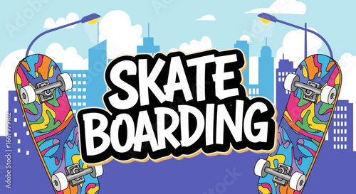 Vector art wallpaper background of skateboards with colorful paint designs and bold typography against an urban city skyline, symbolizing street culture, freestyle energy, and modern youth lifestyle