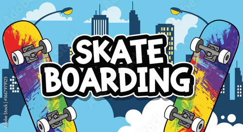 Vector art wallpaper background of skateboards with colorful paint designs and bold typography against an urban city skyline, symbolizing street culture, freestyle energy, and modern youth lifestyle